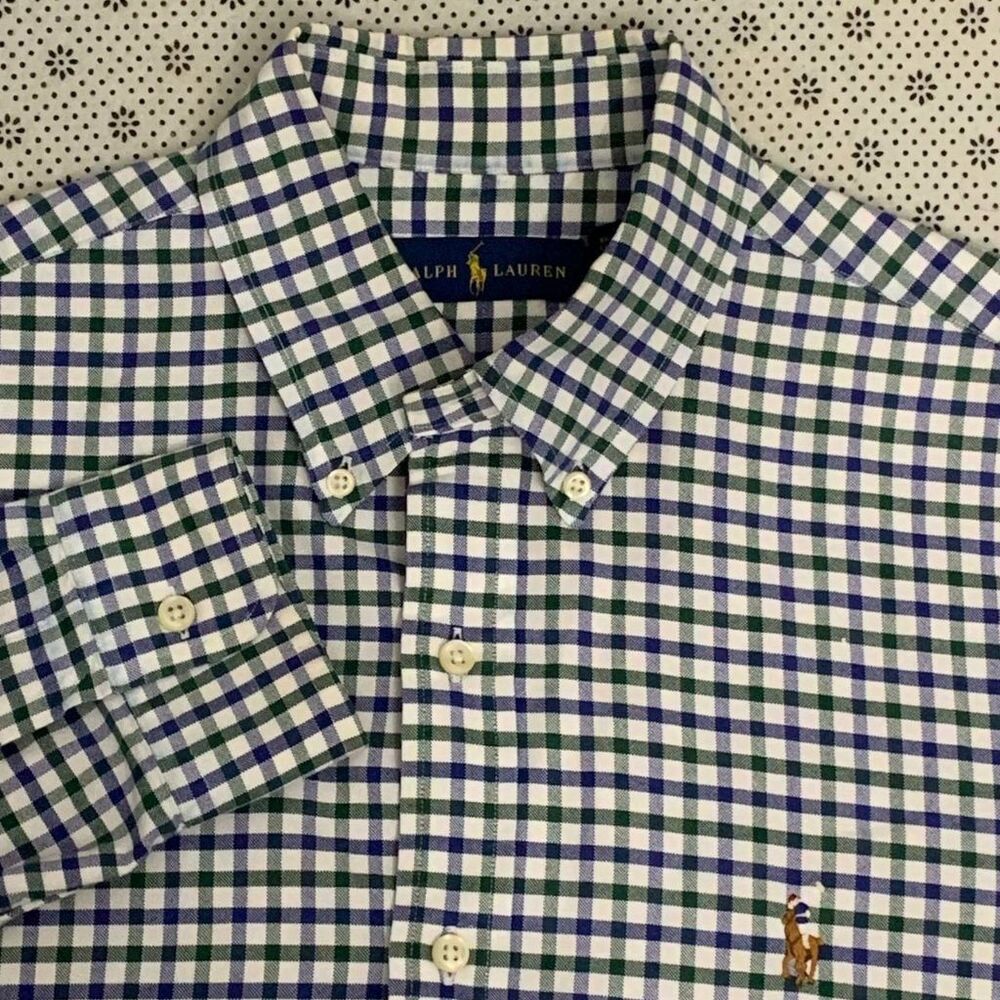 Ralph Lauren Men's M Gingham Check Button-Down Oxford Shirt Blue Green